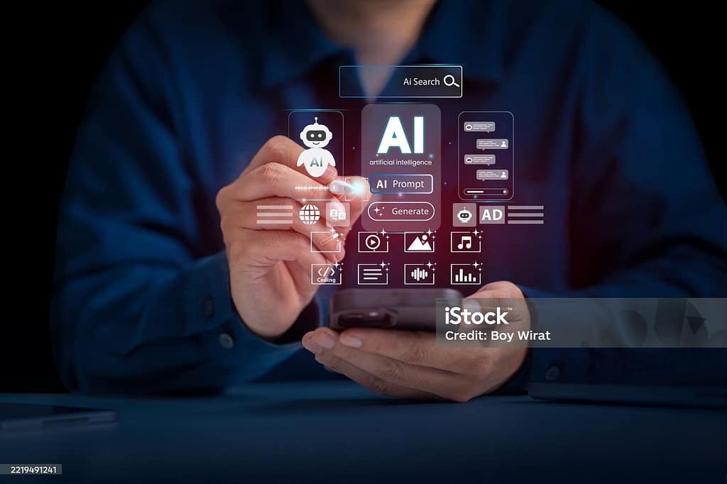 AI-powered digital marketing tools displayed on a smartphone.